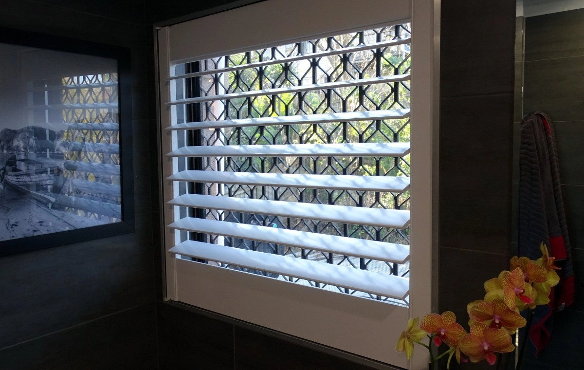 White plantation shutter installed in a window, allowing light and view of greenery outside.