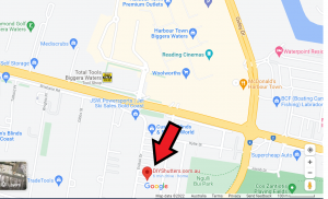 Map showing the location of DIYShutters with nearby landmarks and streets in a detailed layout.